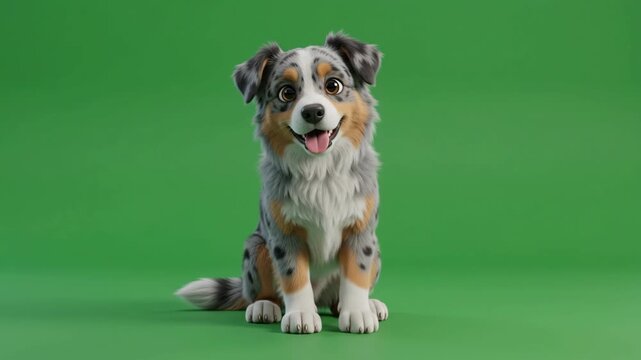 Adorable blue merle Australian Shepherd puppy sitting and looking at the camera on a vibrant green background, showcasing its playful and friendly nature.
