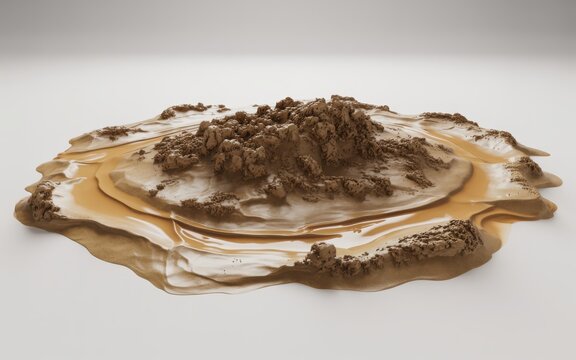 Wet mud sculpture with circular ripples and clay textures on a neutral grey background.