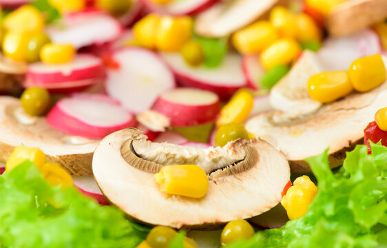 Frischer mediterraner italienischer Salat mit Pilze und Tomaten