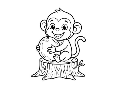Cute baby monkey sitting on a tree stump holding a coconut isolated on transparent background