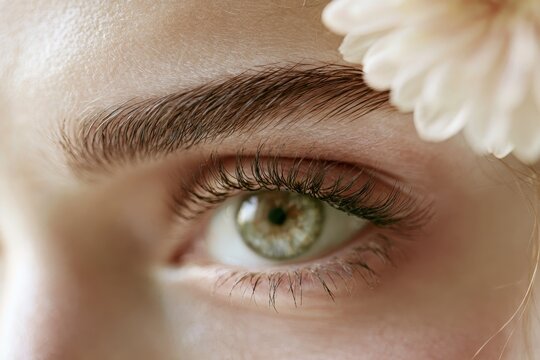 Macro of beautiful woman eye with long eyelash extensions and shaped eyebrow. Professional beauty salon concept with flower for lashmaker advertising banner, lamination training course or mockup.