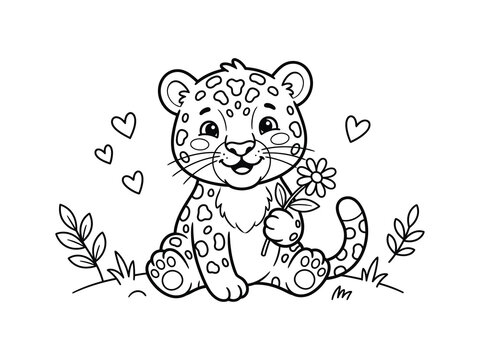 Cute baby leopard surrounded by hearts and foliage isolated on transparent background
