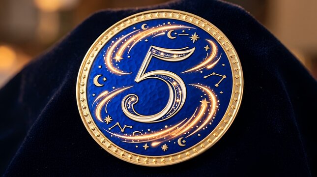 Festive half decade milestone badge featuring decorative light trails and celestial symbols over a deep cobalt surface background anniversary celebration emblemwhite star sparkler firework blue