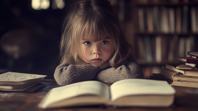 Intense Girl at Desk with Open Book Surrounded by Books in Library