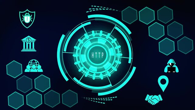 HTP concept with icons and dot on dark background HTTP hypertext transfer protocol, abstract circles and gears background.4k loop Animation,video