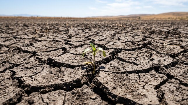 Small green plant seedling growing through cracked dry earth during severe drought crisis