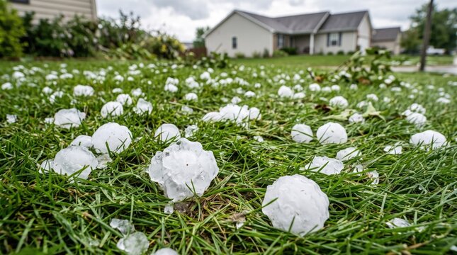 Severe hail storm damage on residential suburb lawn showing white ice stones on green