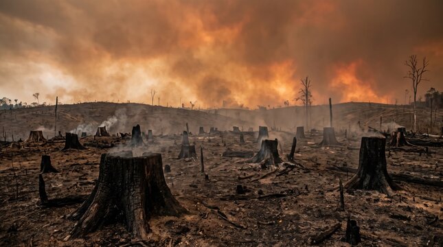 Rainforest deforestation and wildfire burning logged trees and vegetation with wildfire