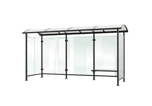 Modern glass bus stop shelter with metal frame isolated on white background