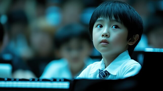 Young pianist perform on stage, focus and dedication in a concert hall