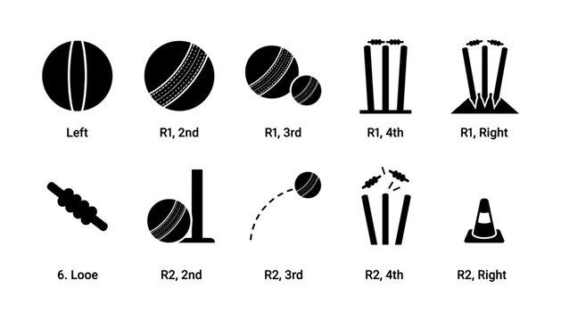 Cricket Ball Icons Set, Featuring Various Positions and Wickets