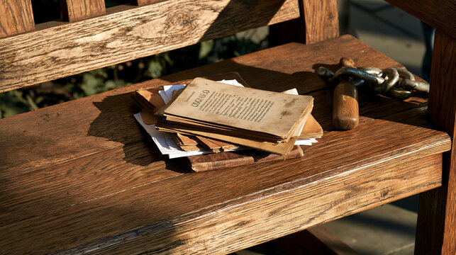 Alte aufgeschlagene B&uuml;cher liegen auf verwitterter Holzbank im Freien, Vintage-Stimmung f&uuml;r Bildung und Lesen