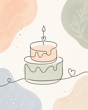 Cute two tier birthday cake illustration with pastel abstract shapes