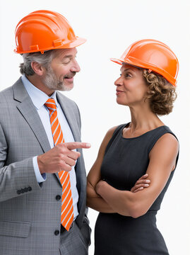 Gesch&auml;ftsmann in orangem Bauhelm zeigt auf Frau mit gleichem Helm, graue Kleidung, wei&szlig;er Hintergrund f&uuml;r Bauindustrie-Konzepte.