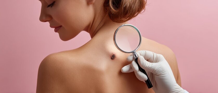 Skin Cancer Screening Concept with Suspicious Mole Examined by Magnifying Glass