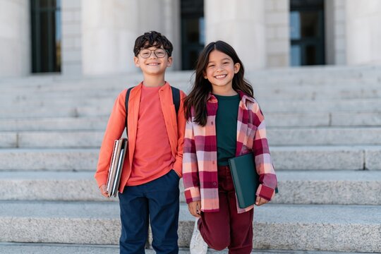 Smiling school kids standing on stone steps holding books and a tablet for back to school banner and educational poster design