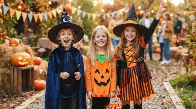 m Halloween carved pumpkins on house porch steps, festive jack-o-lanterns with cat ears and scary faces, autumn front door decor