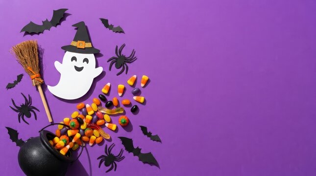 Halloween flat lay with ghost and candy corn, spooky purple background with copy space, festive holiday treats and decorations