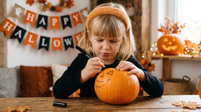  Halloween pumpkin decorating, young girl drawing face on orange pumpkin. Child preparing for autumn holiday, festive home decor with Happy Halloween banner.