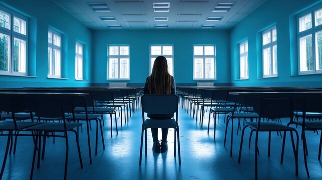 Empty Classroom Solitude: A Student Sits Alone in Blue Light and Shadows