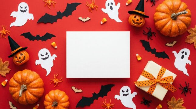 Halloween flat lay with blank card, orange pumpkins and spooky ghosts on red background. Festive holiday mockup with bats and gift box.