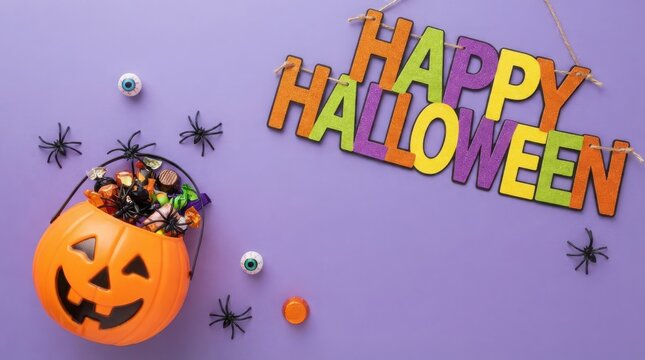 Happy Halloween greeting sign with pumpkin candy bucket, festive holiday flat lay on purple background, spooky trick or treat decorations