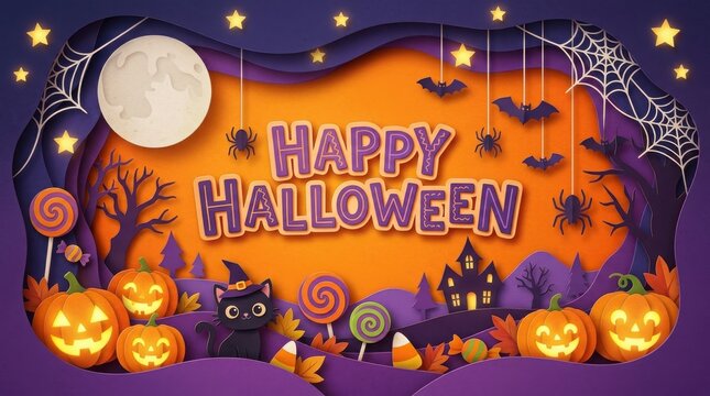Happy Halloween paper cut background, spooky holiday greeting with pumpkins and black cat, layered paper art with bats and haunted house