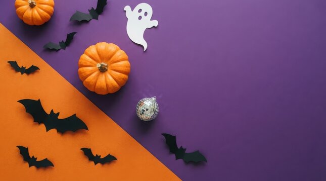 Halloween flat lay composition with pumpkins and bats. Spooky holiday decorations on purple and orange background. Festive party banner.