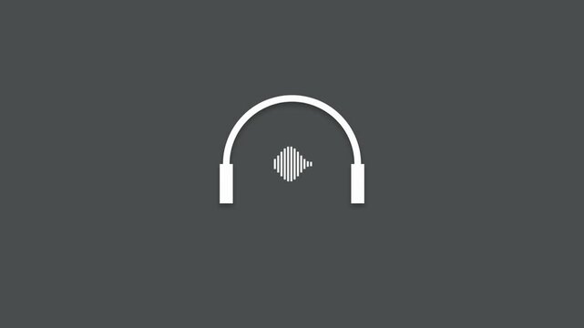Minimalist white headphones icon with a sound wave pulse symbol on a dark grey background 4K Motion Video