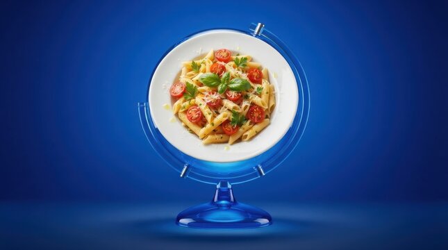  Italian pasta penne with cherry tomatoes on globe stand, global food concept on blue background, international cuisine world map plate