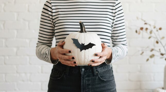 Minimalist white Halloween pumpkin with black bat, woman holding decorated gourd, modern autumn holiday decor and seasonal celebration