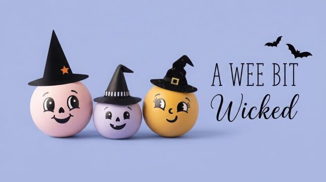 Halloween pastel pumpkins with witch hats, cute spooky characters on purple background, A Wee Bit Wicked greeting card