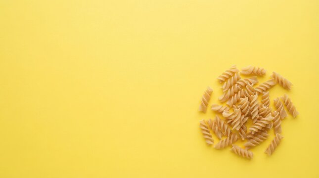 Whole wheat fusilli pasta on yellow background. Dry spiral pasta noodles, healthy organic durum wheat macaroni, minimalist food photography.