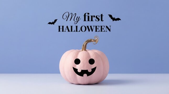 Minimalist pink pumpkin with jack-o-lantern face, My First Halloween text on blue background, cute seasonal holiday concept for baby announcement