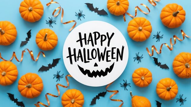 Happy Halloween greeting card, orange pumpkins and black bats on blue background, festive holiday flat lay with spiders and gold ribbons
