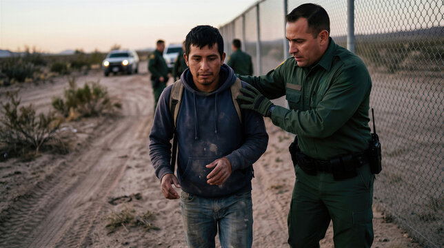 Border patrol officer escorting hispanic immigrant. Man detained by official near fence. Immigration enforcement, legal border control and social challenge in wilderness area.