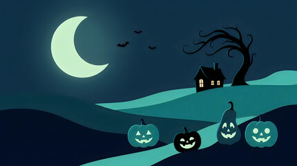 Naklejka premium Spooky halloween night scene with glowing jack o lanterns and a crescent moon in a dark sky