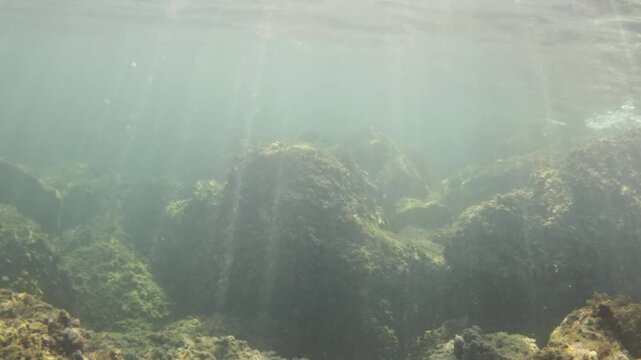 Submerged rocks on the ocean floor, with tranquil sunbeams penetrating the blue water, creating an aquatic deep sea scene