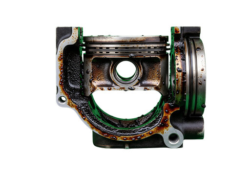 Dirty engine piston and cylinder block cross section isolated on white background
