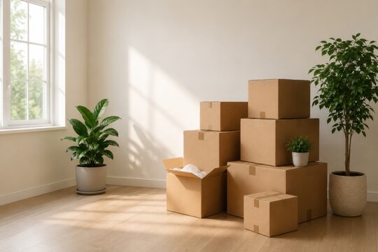 Stack of cardboard moving boxes in a bright empty room with plants