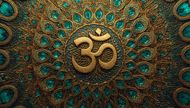 Intricate golden om symbol on dark teal textured background with floral pattern spiritual meditation religion hinduism buddhism ornament intricate background abstract traditional creative