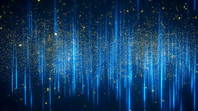 Blue vertical light streaks pulse and extend downward amid drifting golden particles on a dark background. Layered blue and gold tones enhance movement and depth.