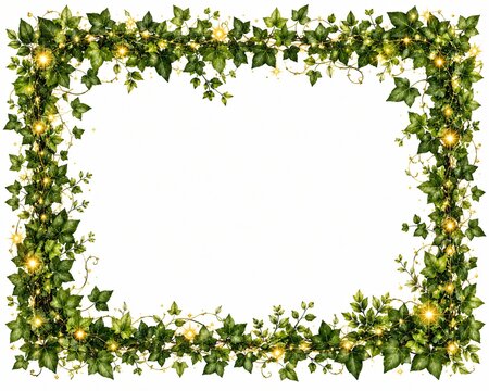Decorative rectangular frame made of fresh green leaves and glowing golden lights