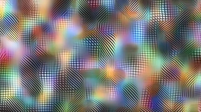 Abstract animation of shifting colorful blurred shapes overlaid with moving black geometric line patterns. Design backdrop with flowing movement, soft blur and layered depth.