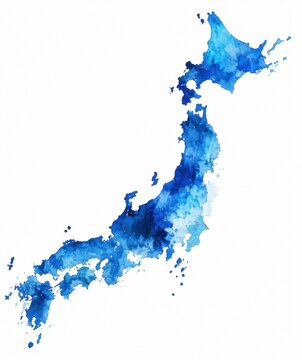 Blue watercolor painted map of japan isolated on a white background