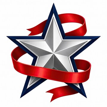 Shiny silver star with a flowing red ribbon isolated on white