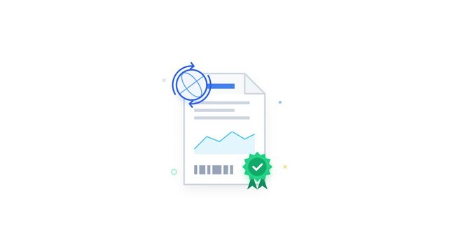Animated document with globe chart and verified badge symbolizing global data analysis and certified results