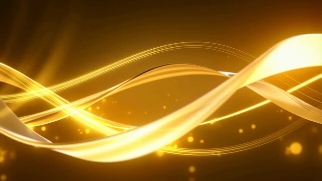 Abstract golden light ribbons flow and twist with glowing particles on a dark background. Abstract backdrop shaped by flowing motion, energy flow and light waves.