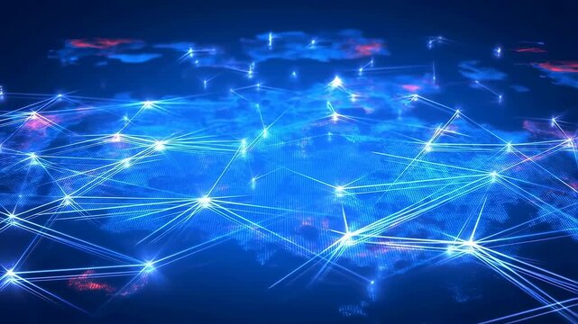 Glowing digital network map with pulsing connection nodes and connecting lines on a dark background. Design backdrop with pulsing motion, glowing light and layered depth.