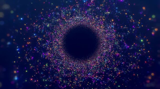 Swirling vortex of multicolored glowing particles rotates around a dark central void on a dark blue background. Animated scene combines particles and circular vortex with glowing light.